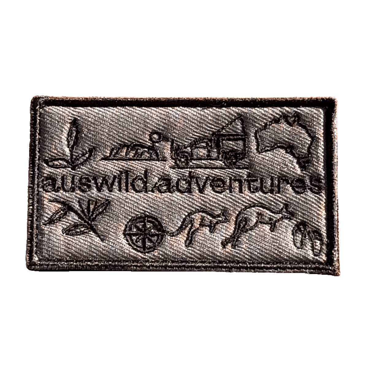 AWA Graphic embroidered travel patch featuring Aus Wild Adventures lettering surrounded by Uluru, a 4WD, kangaroos, compass, gum leaves and an Australia outline.