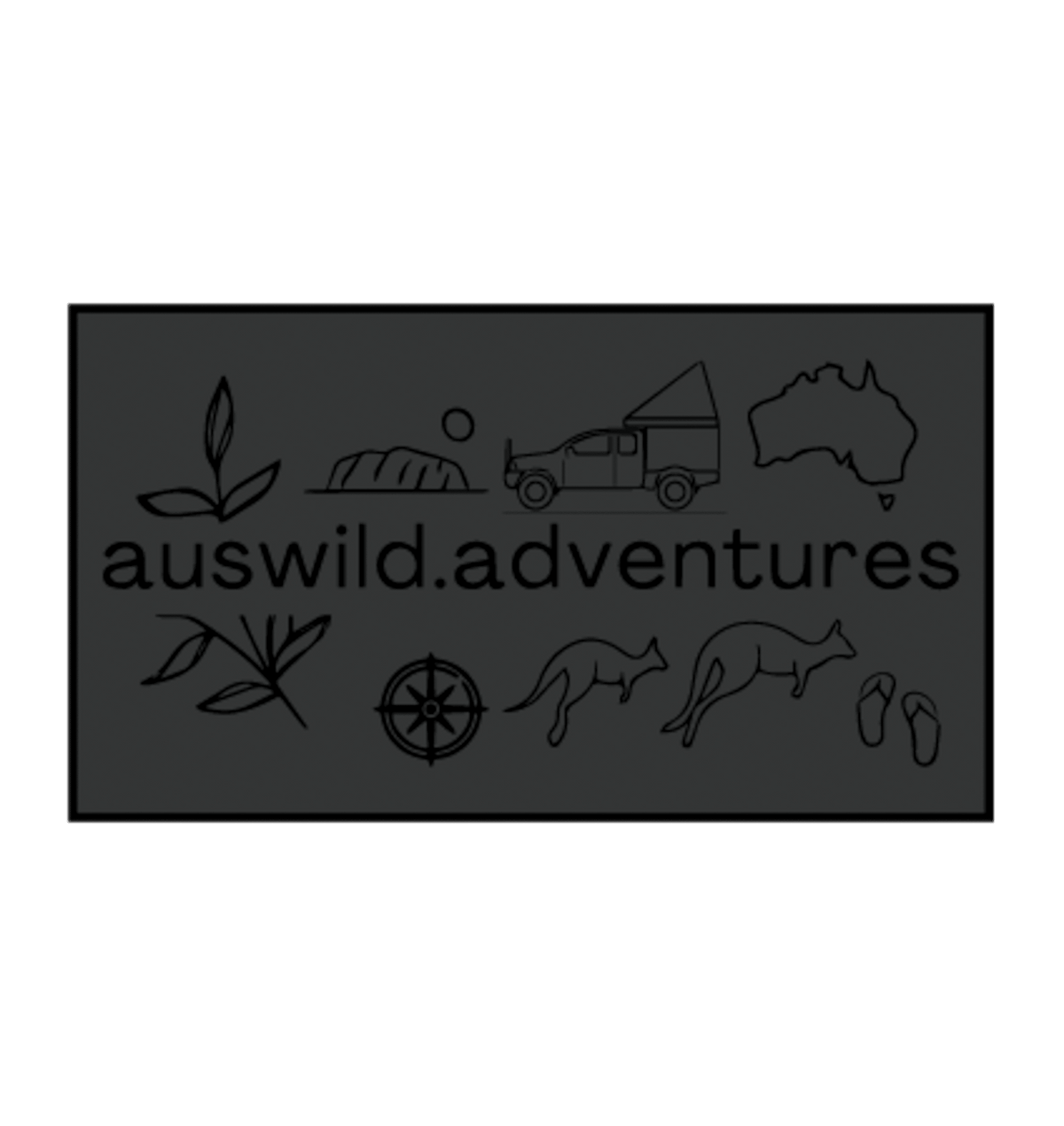 AWA Graphic illustrated travel patch design featuring Aus Wild Adventures lettering surrounded by Uluru, a 4WD, kangaroos, compass, gum leaves and an Australia outline.
