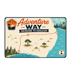 Adventure Way illustrated travel patch design featuring map of the Brisbane to Adelaide route with dotted red road, coastal cities, outback trees and a compass.