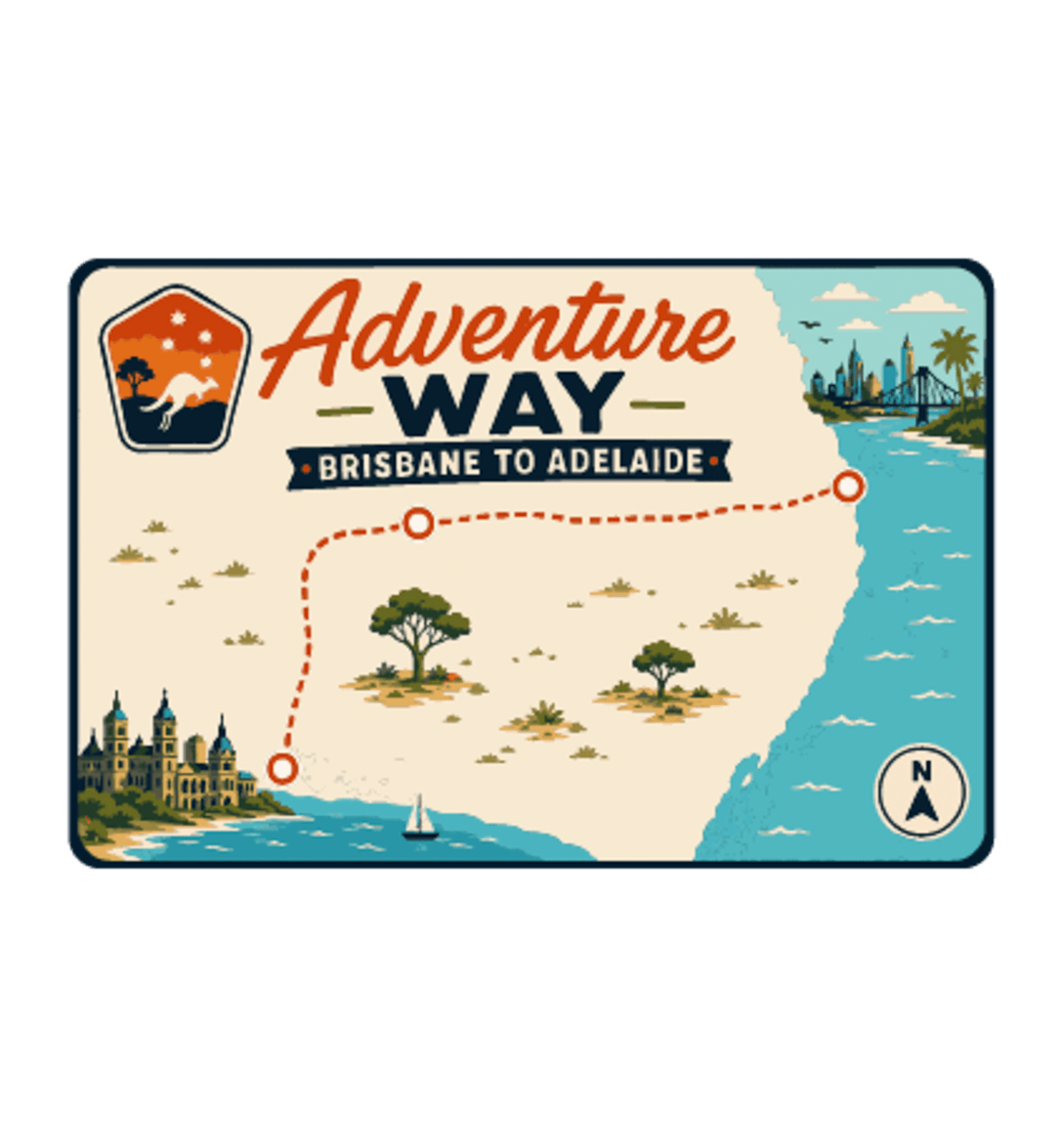 Adventure Way illustrated travel patch design featuring map of the Brisbane to Adelaide route with dotted red road, coastal cities, outback trees and a compass.