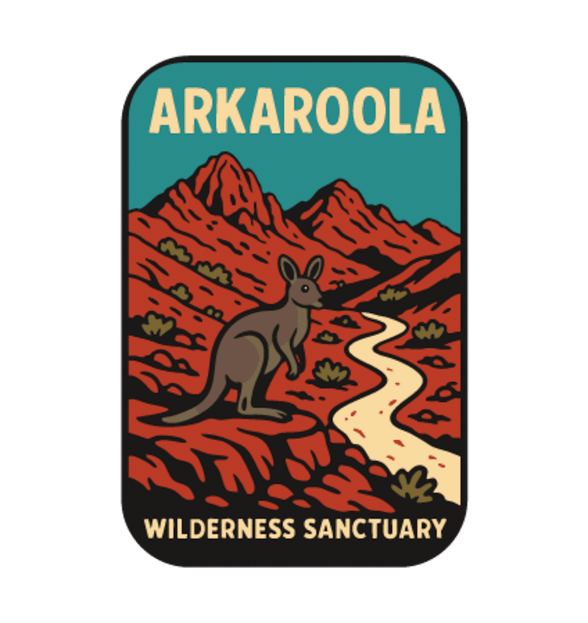 Arkaroola illustrated travel patch design featuring kangaroo beside a winding track through rugged red mountains beneath a teal sky.