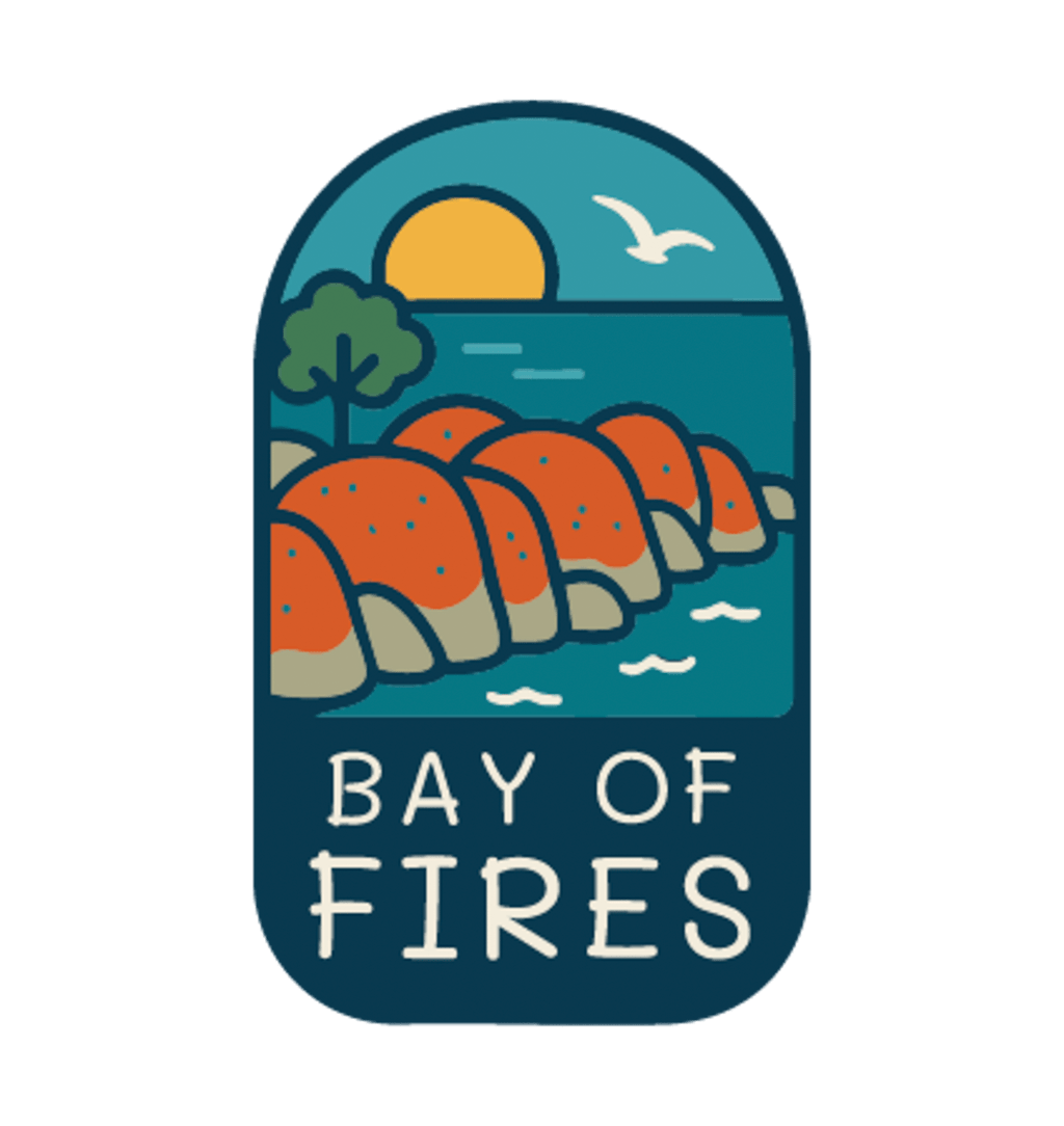 Bay of Fires illustrated travel patch design featuring orange coastal boulders, turquoise ocean, a setting sun and a flying seabird.