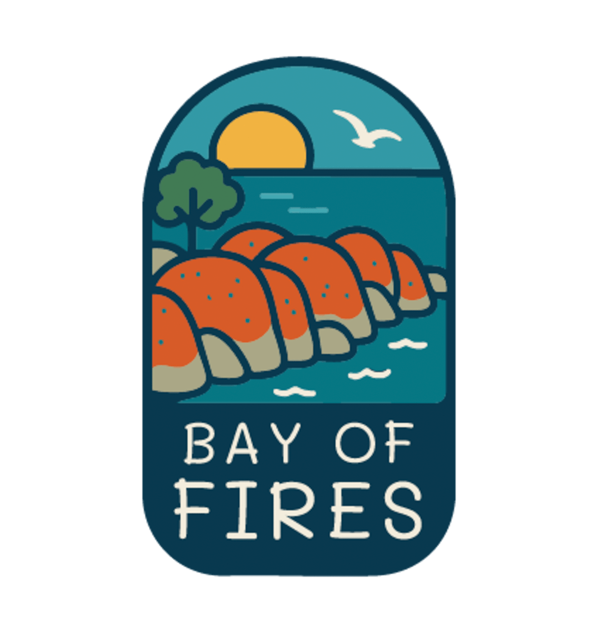 Bay of Fires illustrated travel patch design featuring orange coastal boulders, turquoise ocean, a setting sun and a flying seabird.