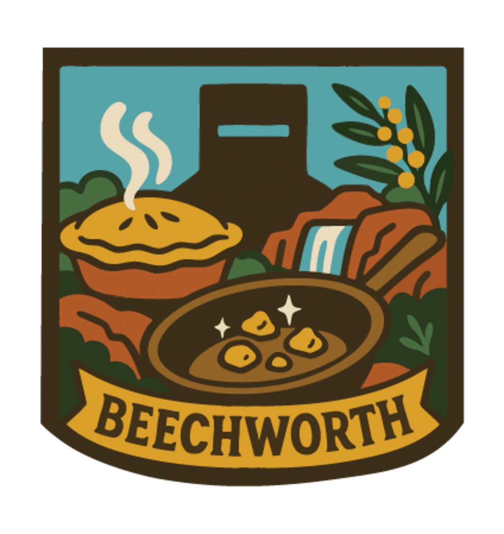 Beechworth illustrated travel patch design featuring gold pan, steaming pie, historic chimney, waterfall and native wattle flowers.