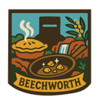 Beechworth illustrated travel patch design featuring gold pan, steaming pie, historic chimney, waterfall and native wattle flowers.