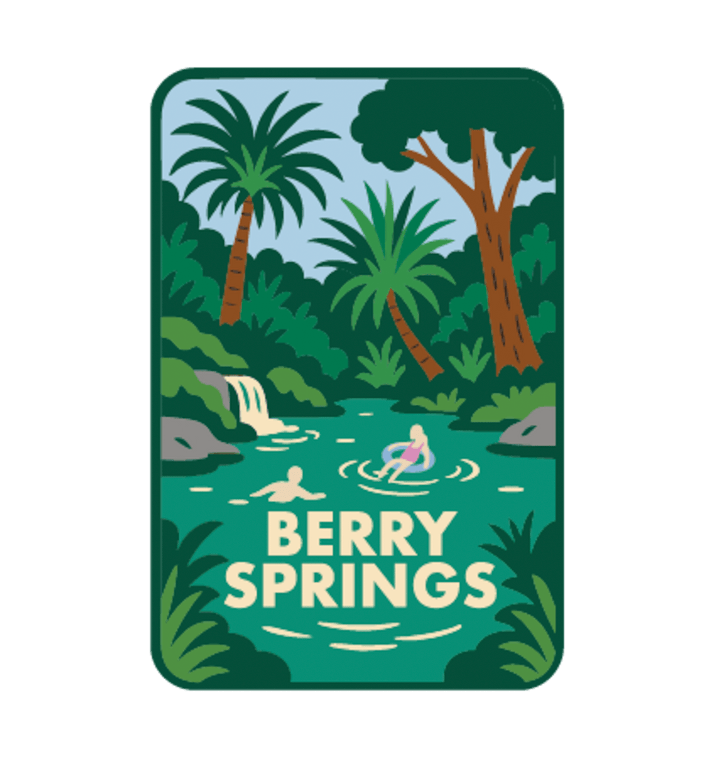 Berry Springs illustrated travel patch design featuring swimmers in turquoise water beside a waterfall and lush tropical palms.