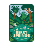 Berry Springs illustrated travel patch design featuring swimmers in turquoise water beside a waterfall and lush tropical palms.
