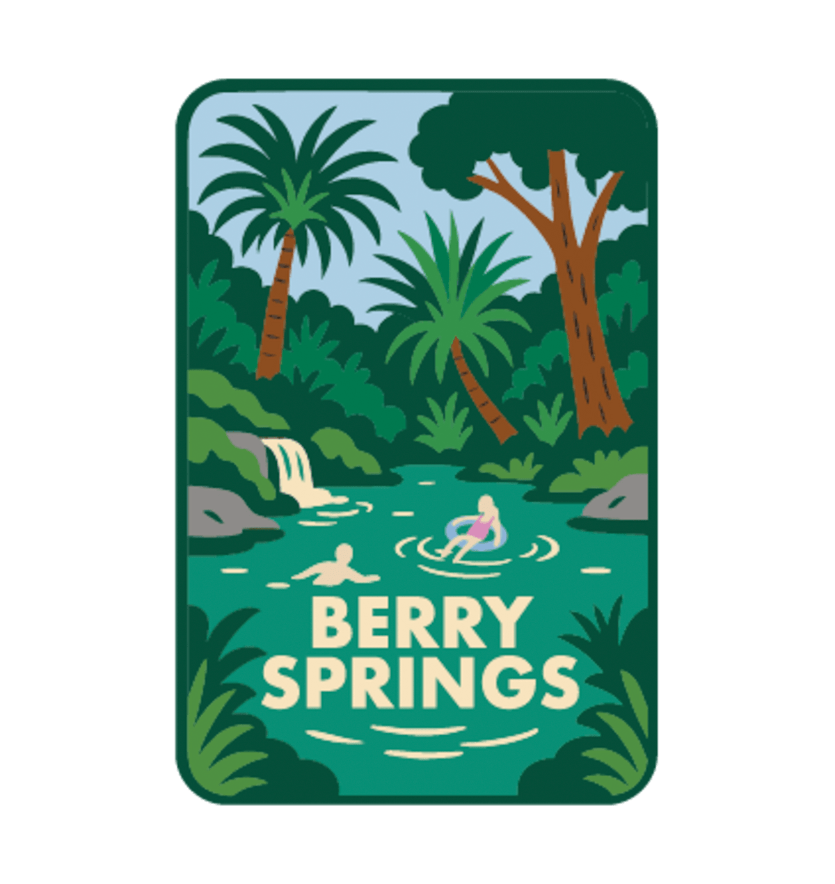 Berry Springs illustrated travel patch design featuring swimmers in turquoise water beside a waterfall and lush tropical palms.