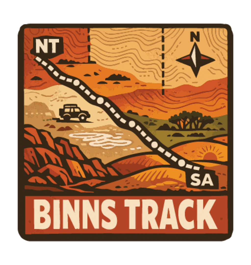 Binns Track illustrated travel patch design featuring 4WD and dotted route crossing red desert country between the Northern Territory and South Australia.