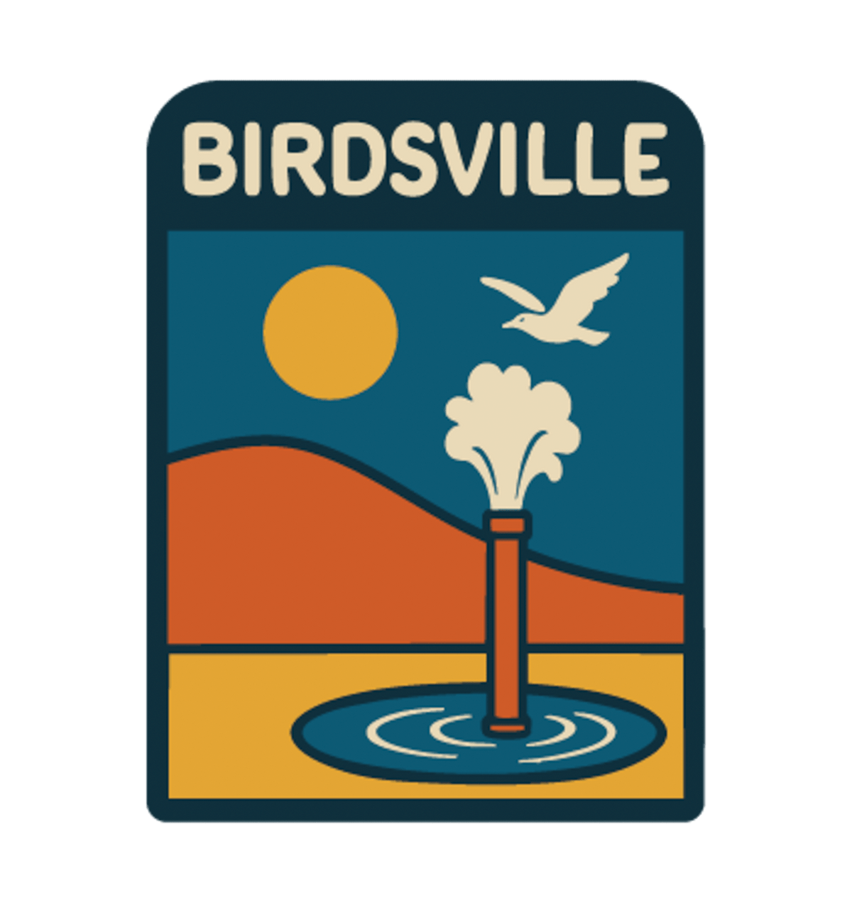 Birdsville illustrated travel patch design featuring artesian bore releasing water against orange desert dunes, a golden sun and a flying bird.