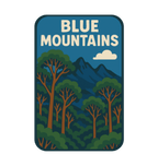 Blue Mountains illustrated travel patch design featuring eucalyptus forest, layered blue mountain peaks and a white cloud against a deep blue sky.