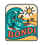 Bondi Beach illustrated travel patch design featuring four surfers riding turquoise ocean waves beside a sunny golden beach.