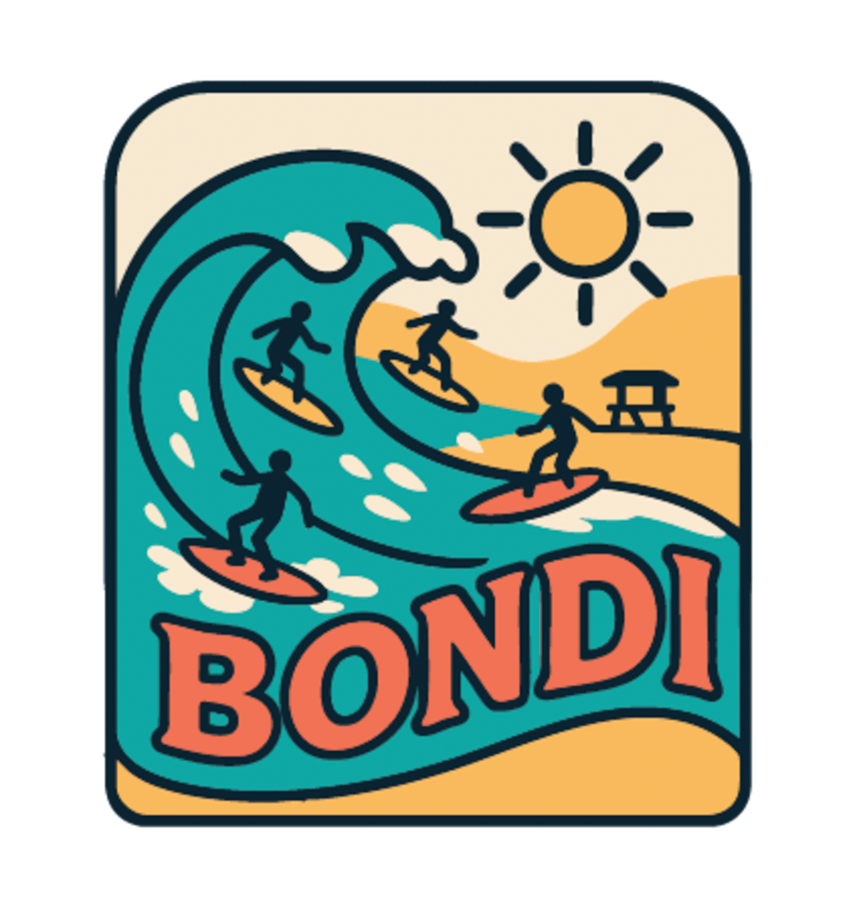 Bondi Beach illustrated travel patch design featuring four surfers riding turquoise ocean waves beside a sunny golden beach.