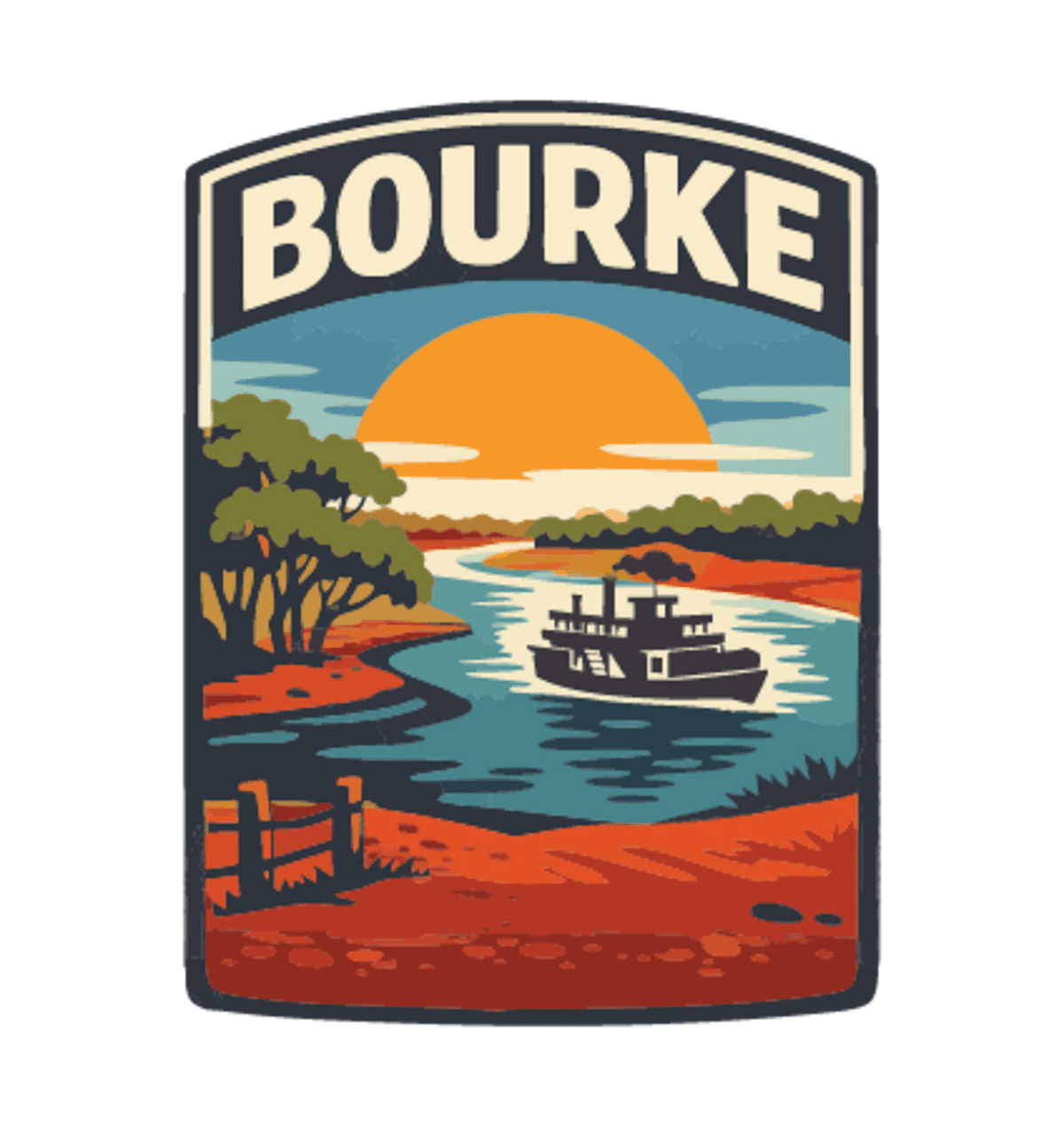Bourke illustrated travel patch design featuring paddle steamer cruising along a winding river through red outback scenery at sunset.