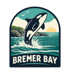 Bremer Bay illustrated travel patch design featuring breaching orca splashing in the ocean near a rocky coastline at sunset.