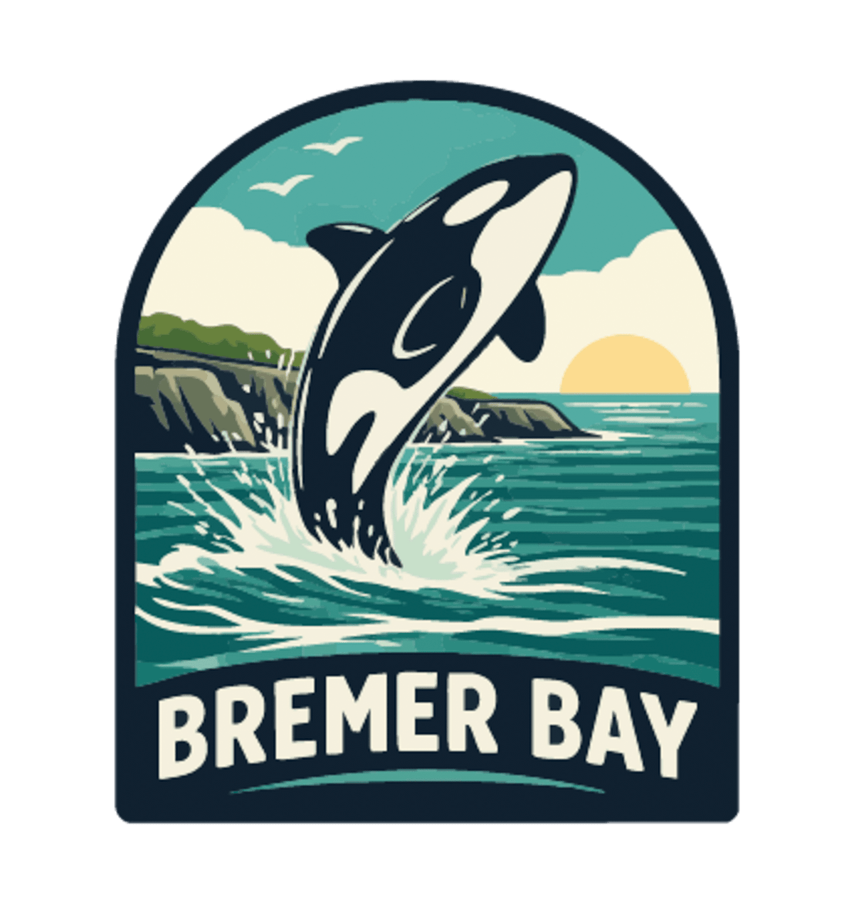 Bremer Bay illustrated travel patch design featuring breaching orca splashing in the ocean near a rocky coastline at sunset.