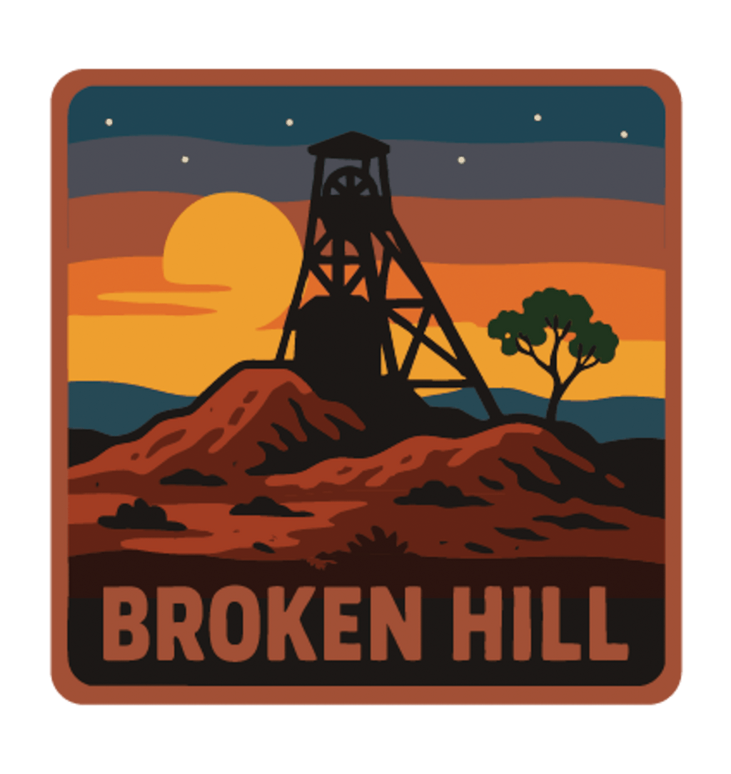 Broken Hill illustrated travel patch design featuring historic mining headframe silhouetted against an orange sunset and red rocky outback.