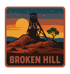 Broken Hill illustrated travel patch design featuring historic mining headframe silhouetted against an orange sunset and red rocky outback.