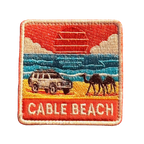 Broome - Cable Beach embroidered travel patch featuring 4WD and two camels on golden sand beside turquoise ocean at sunset.
