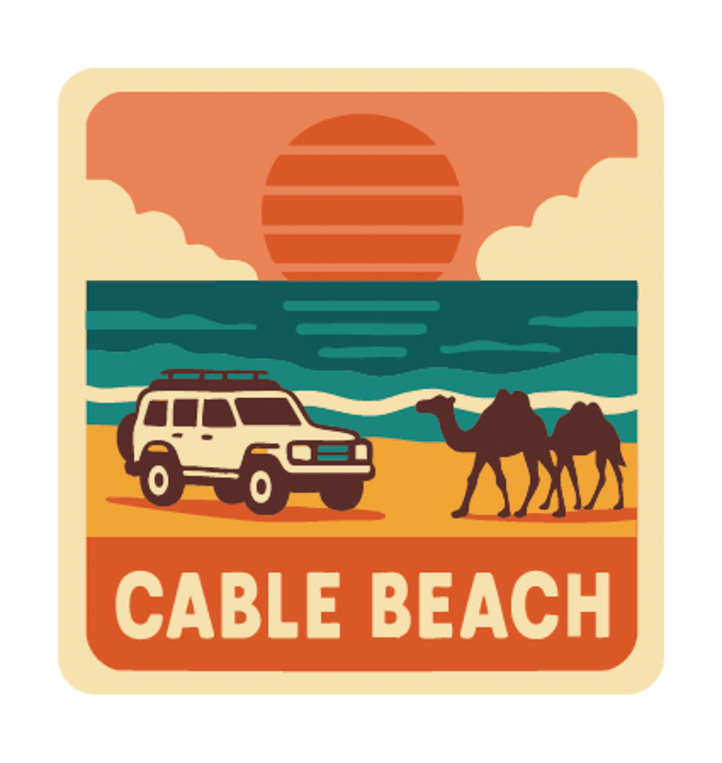 Broome - Cable Beach illustrated travel patch design featuring 4WD and two camels on golden sand beside turquoise ocean at sunset.