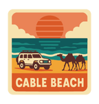 Broome - Cable Beach illustrated travel patch design featuring 4WD and two camels on golden sand beside turquoise ocean at sunset.