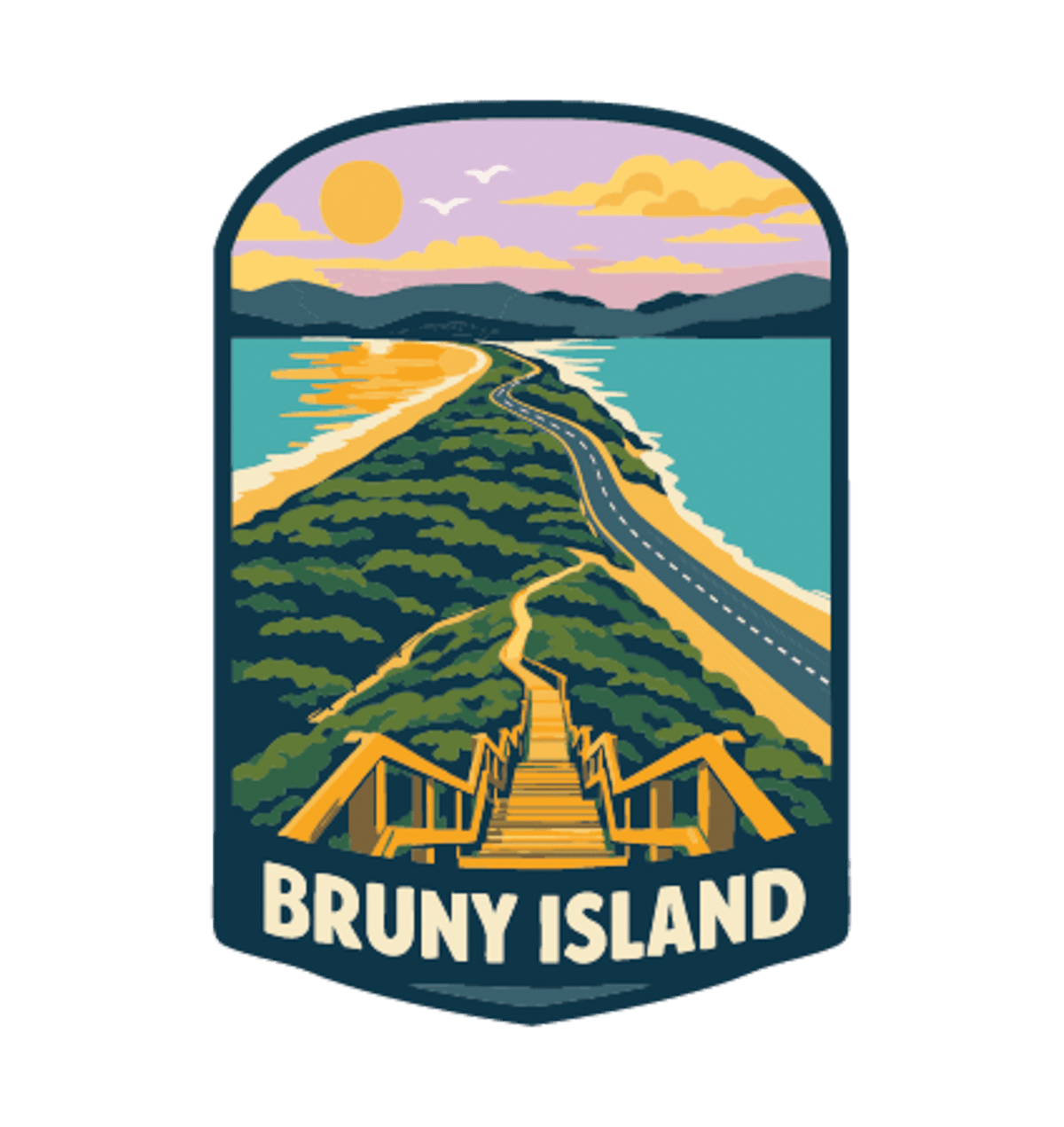 Bruny Island illustrated travel patch design featuring a white lighthouse overlooking a rugged island coast.