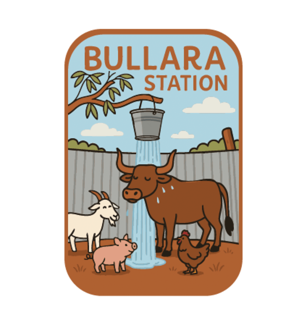 Bullara Station illustrated travel patch design featuring a windmill and rustic outback station scenery.