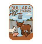 Bullara Station illustrated travel patch design featuring a windmill and rustic outback station scenery.