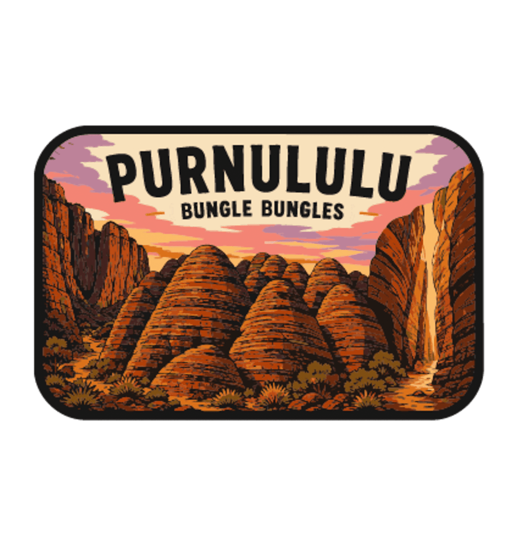 Bungle Bungles (Purnululu) illustrated travel patch design featuring striped sandstone domes of the Bungle Bungle Range at sunset.
