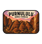Bungle Bungles (Purnululu) illustrated travel patch design featuring striped sandstone domes of the Bungle Bungle Range at sunset.