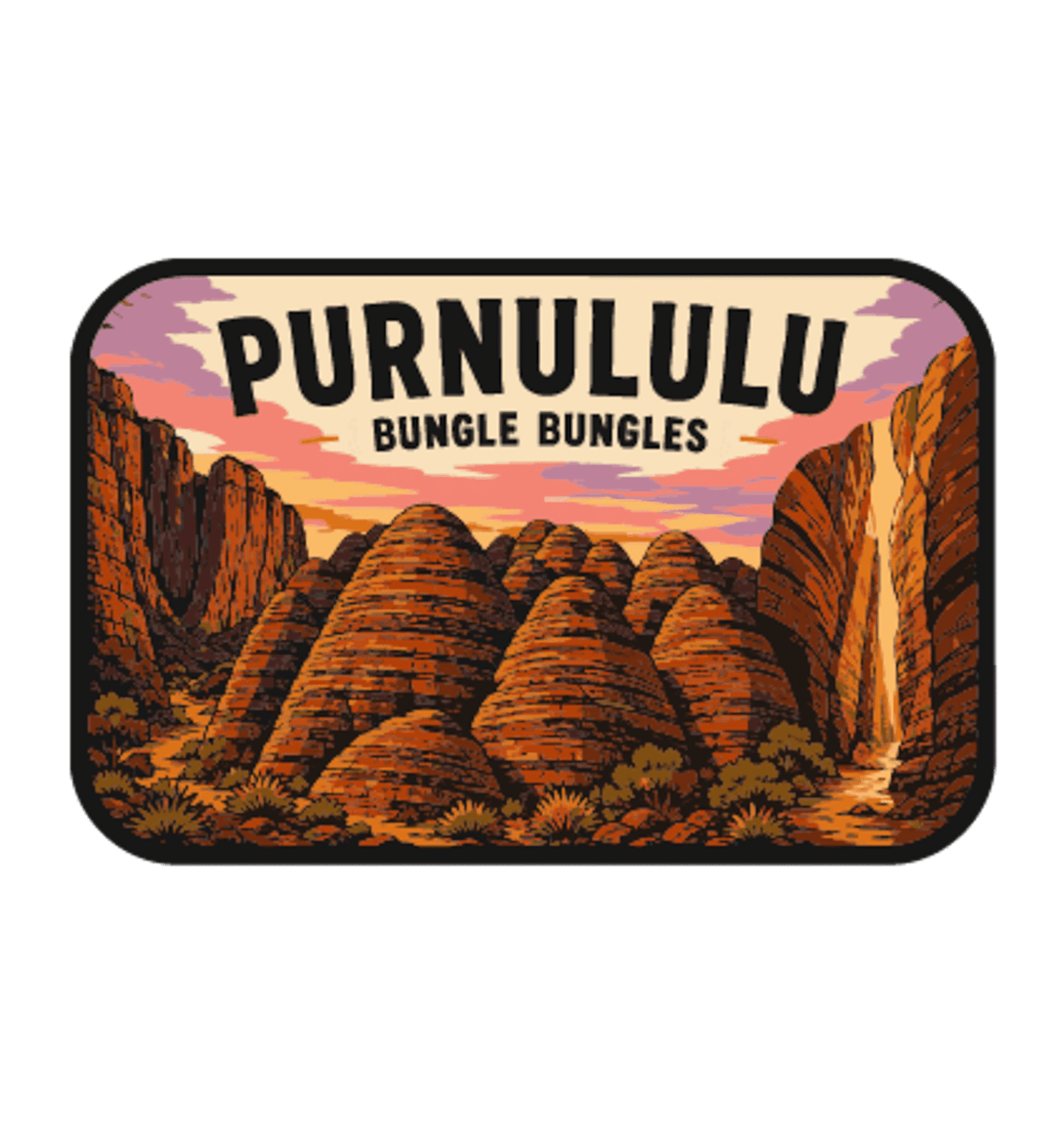 Bungle Bungles (Purnululu) illustrated travel patch design featuring striped sandstone domes of the Bungle Bungle Range at sunset.