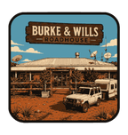 Burke And Wills Roadhouse illustrated travel patch design featuring a remote roadhouse in red outback country.