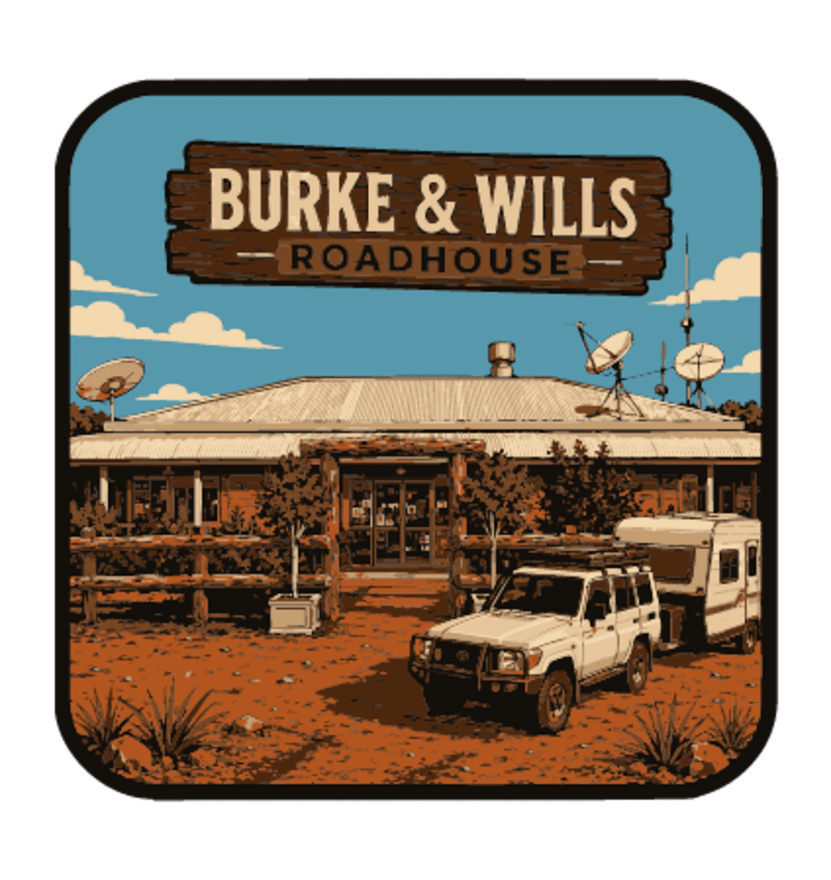 Burke And Wills Roadhouse illustrated travel patch design featuring a remote roadhouse in red outback country.