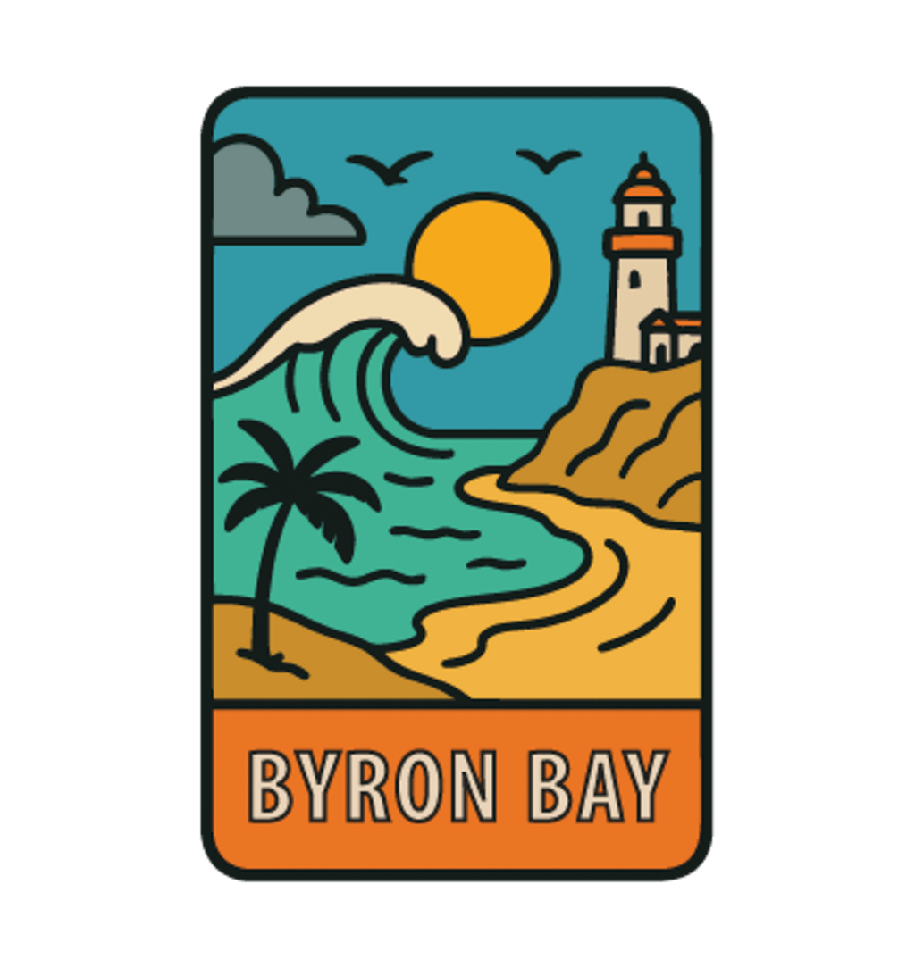 Byron Bay illustrated travel patch design featuring Cape Byron Lighthouse above the coast.