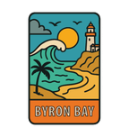 Byron Bay illustrated travel patch design featuring Cape Byron Lighthouse above the coast.