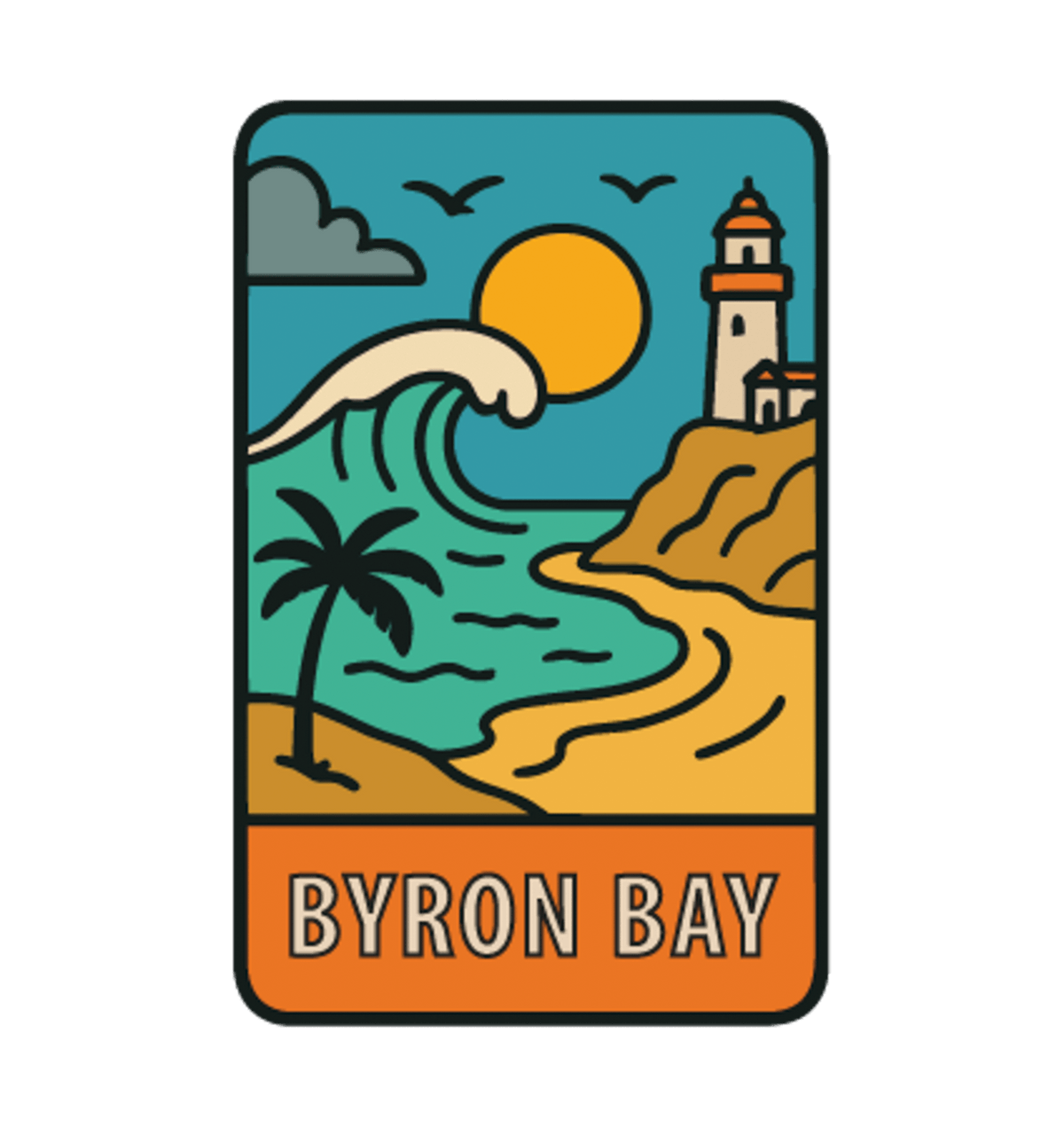 Byron Bay illustrated travel patch design featuring Cape Byron Lighthouse above the coast.