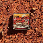 Canning Stock Route embroidered travel patch with a four-wheel drive on a remote outback track.