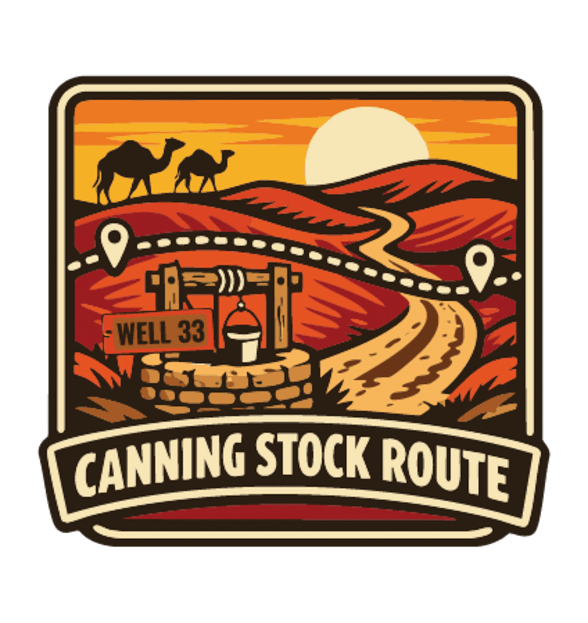 Canning Stock Route illustrated travel patch design featuring a four-wheel drive on a remote outback track.
