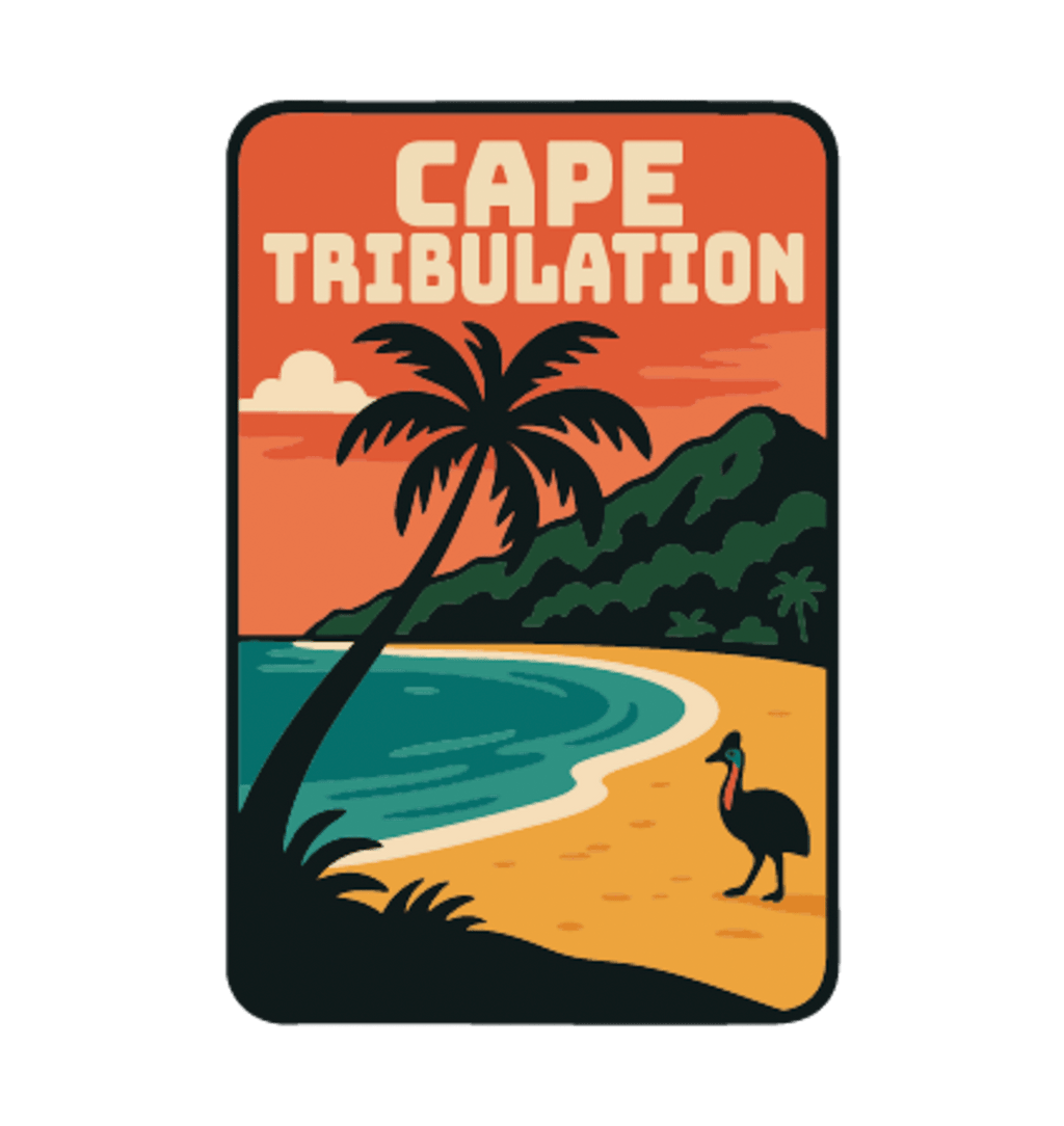 Cape Tribulation illustrated travel patch design featuring rainforest meeting a tropical beach.