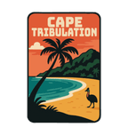 Cape Tribulation illustrated travel patch design featuring rainforest meeting a tropical beach.