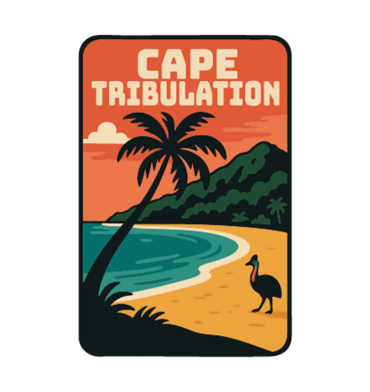 Cape Tribulation illustrated travel patch design featuring rainforest meeting a tropical beach.