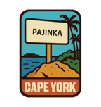 Cape York - The Tip illustrated travel patch design featuring the Tip of Australia sign in a tropical coastal setting.