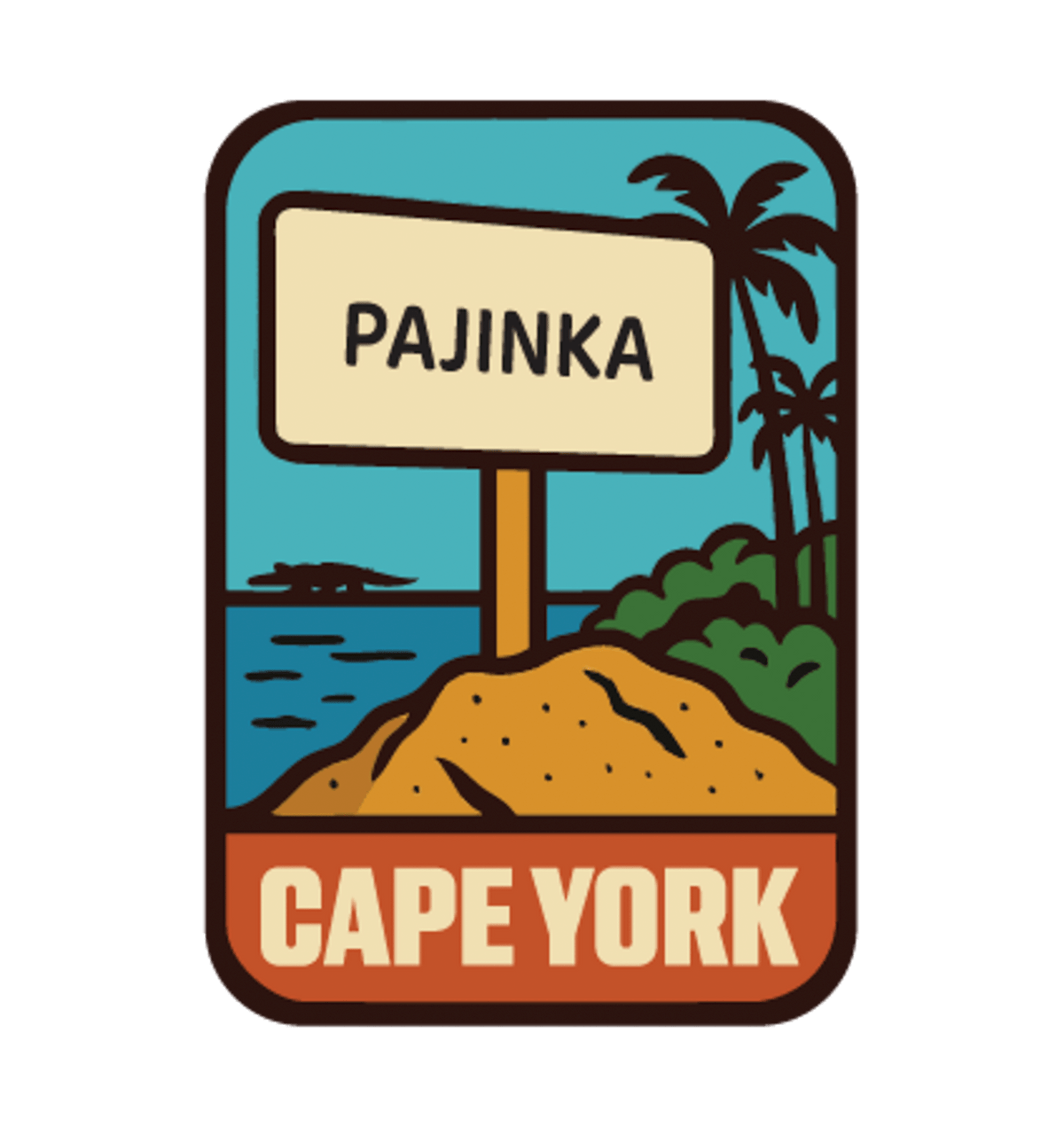 Cape York - The Tip illustrated travel patch design featuring the Tip of Australia sign in a tropical coastal setting.