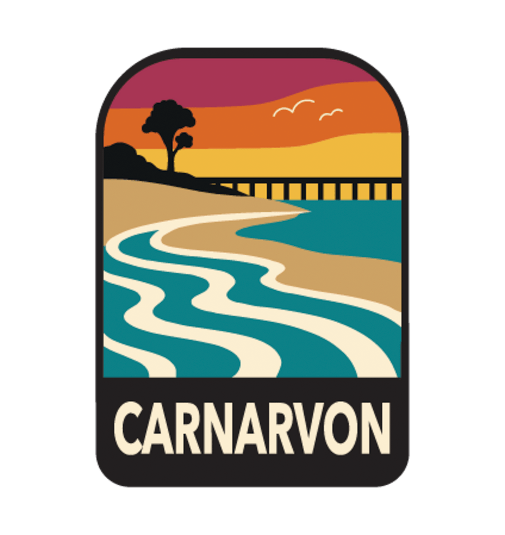Carnarvon illustrated travel patch design featuring a coastal jetty and palm trees.