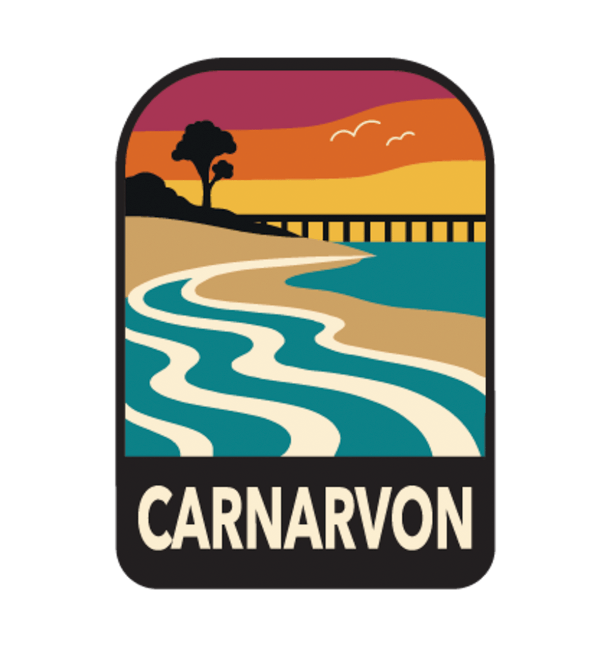 Carnarvon illustrated travel patch design featuring a coastal jetty and palm trees.