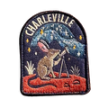 Charleville embroidered travel patch with an outback night sky filled with stars; photographed on a transparent background.