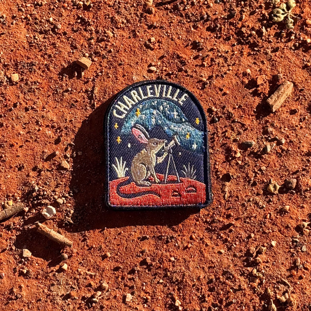 Charleville embroidered travel patch with an outback night sky filled with stars.