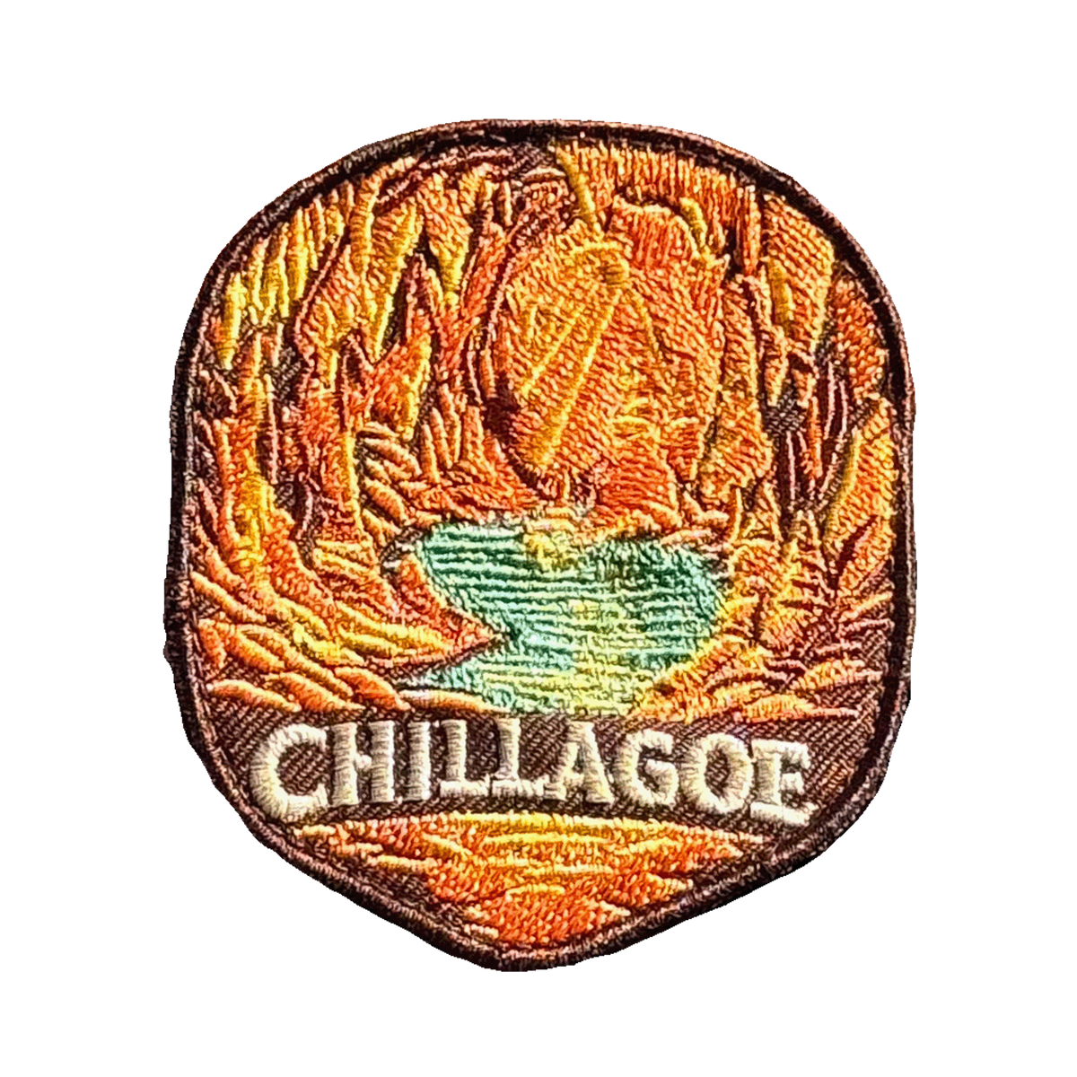 Chillagoe embroidered travel patch with limestone formations and tropical bushland; photographed on a transparent background.
