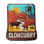 Cloncurry embroidered travel patch with red outback scenery and a mining landscape; photographed on a transparent background.