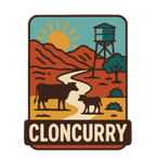 Cloncurry illustrated travel patch design featuring red outback scenery and a mining landscape.